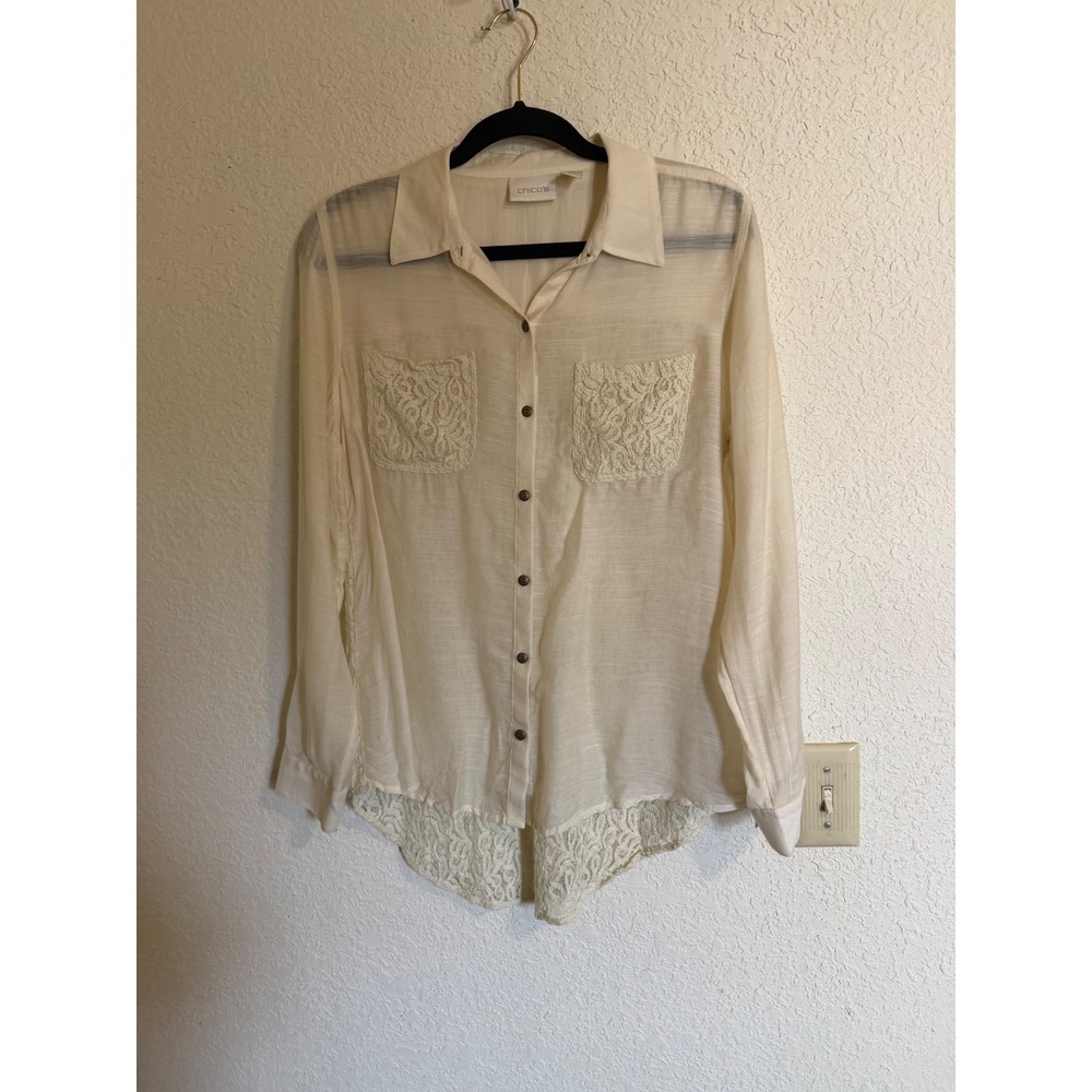 Chicos Cream Lace Back Button Down Blouse Ivory Long‎ Sleeve Top Size 1 Medium